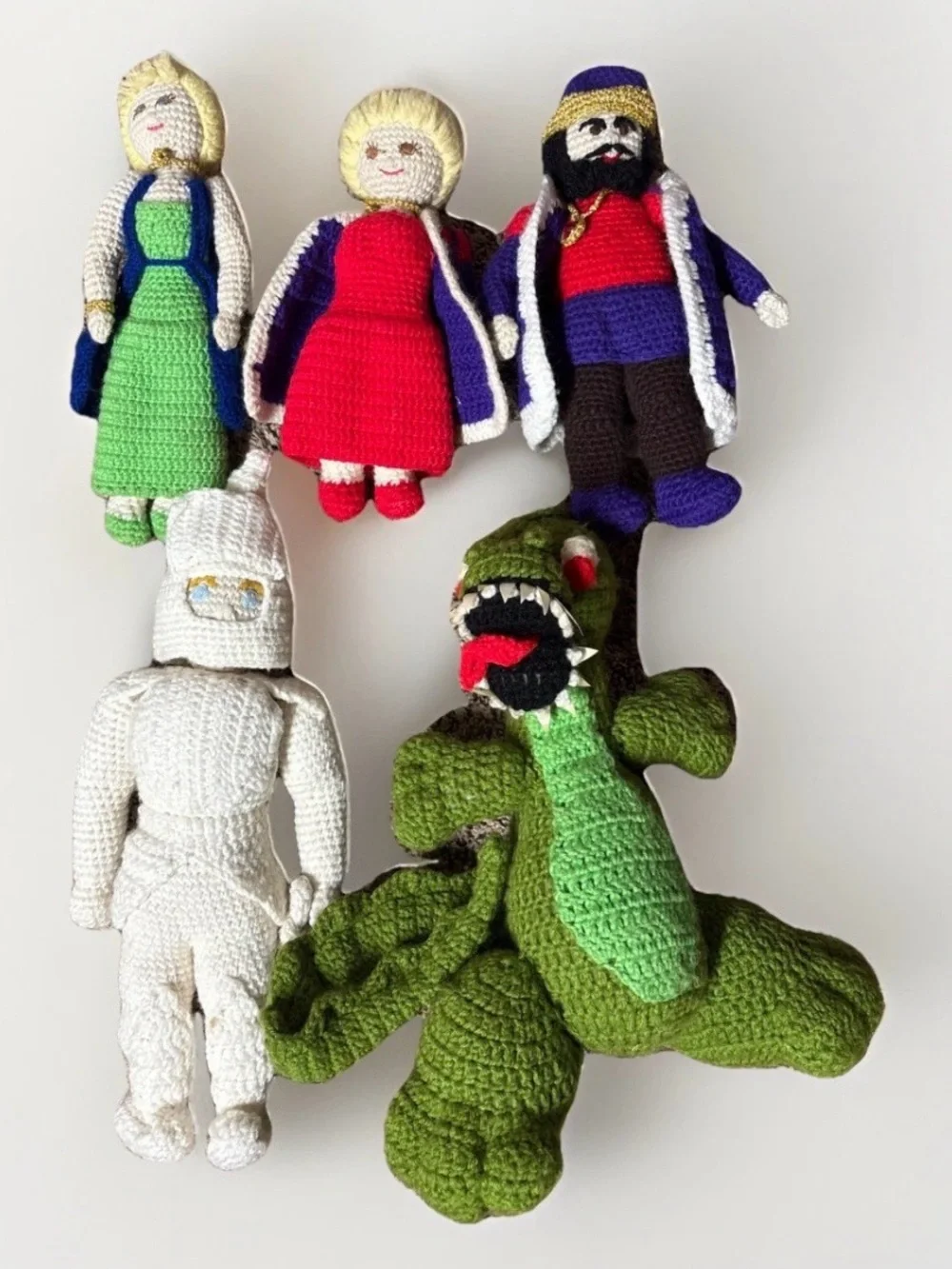 5 VTG Crocheted Queen Knight Dragon Princess Medieval Fairy Tale Crochet Regal